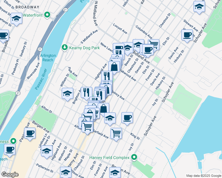 map of restaurants, bars, coffee shops, grocery stores, and more near 418 Chestnut Street in Kearny