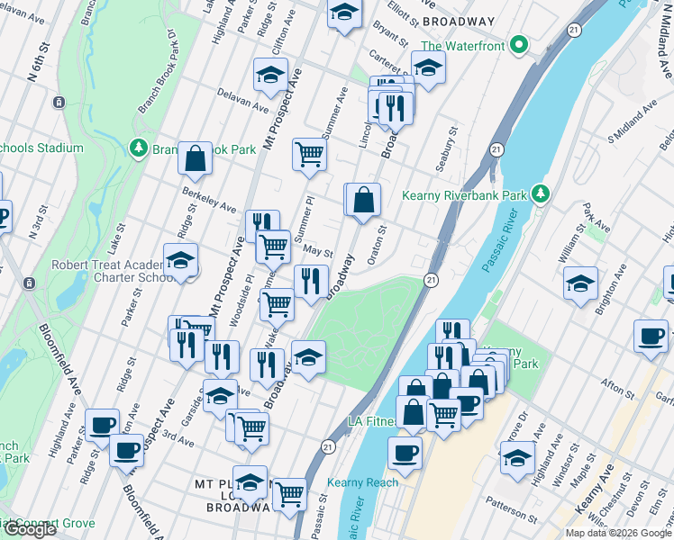 map of restaurants, bars, coffee shops, grocery stores, and more near 441-443 Broad Street in Newark