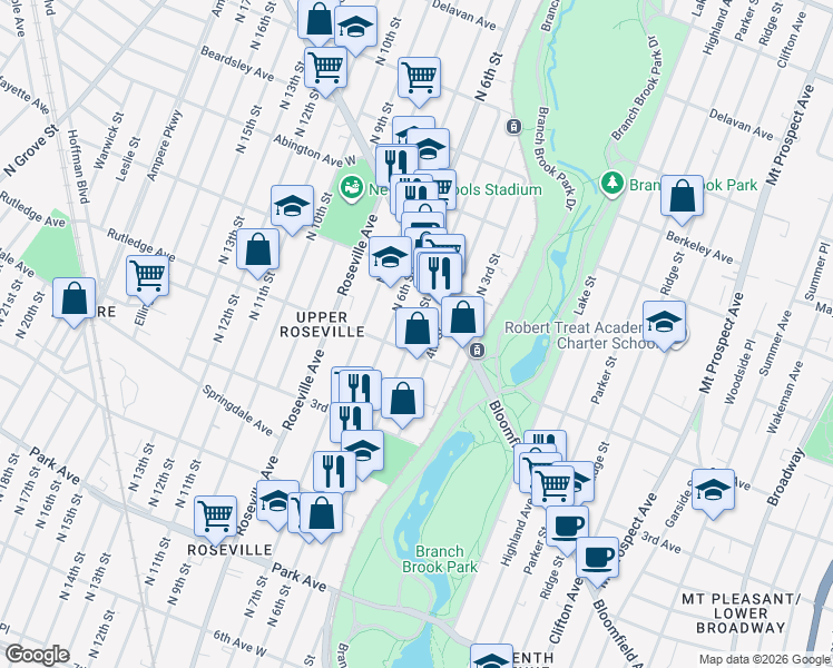 map of restaurants, bars, coffee shops, grocery stores, and more near 272 2nd Avenue West in Newark