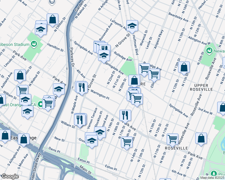 map of restaurants, bars, coffee shops, grocery stores, and more near 48 Warrington Place in East Orange