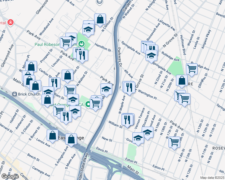 map of restaurants, bars, coffee shops, grocery stores, and more near 233 Parkway Drive in East Orange