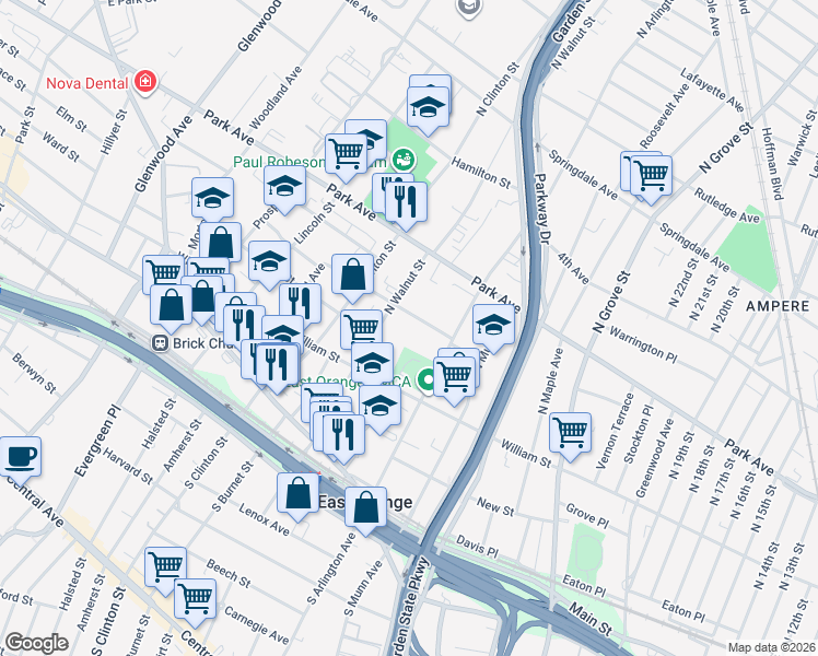 map of restaurants, bars, coffee shops, grocery stores, and more near 106 North Walnut Street in East Orange