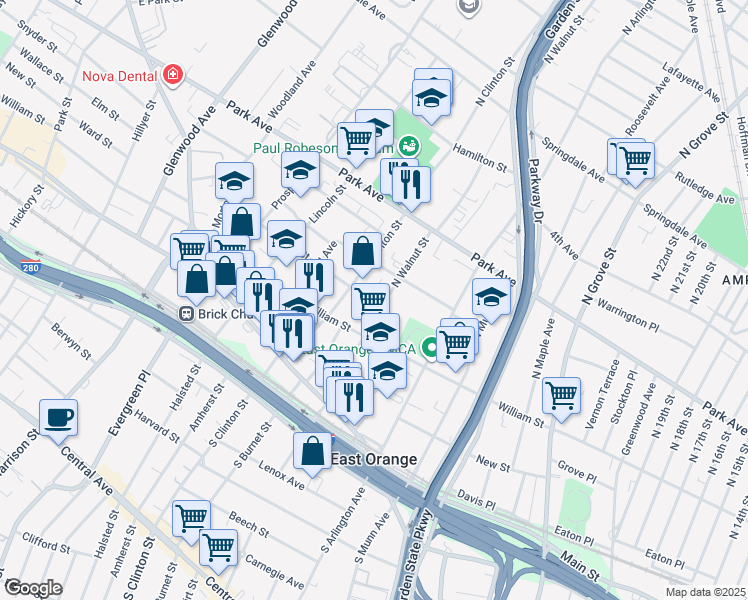map of restaurants, bars, coffee shops, grocery stores, and more near in East Orange