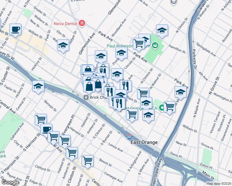 map of restaurants, bars, coffee shops, grocery stores, and more near 15 Ashland Avenue in East Orange