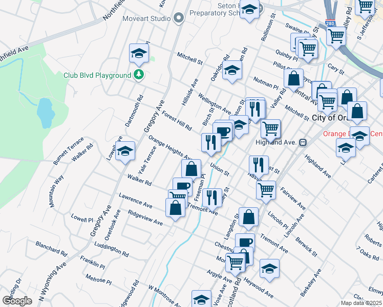 map of restaurants, bars, coffee shops, grocery stores, and more near 10 Orange Heights Avenue in West Orange