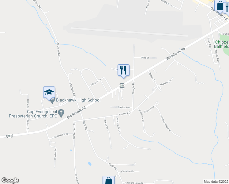 map of restaurants, bars, coffee shops, grocery stores, and more near 409 Blackhawk Road in Beaver Falls