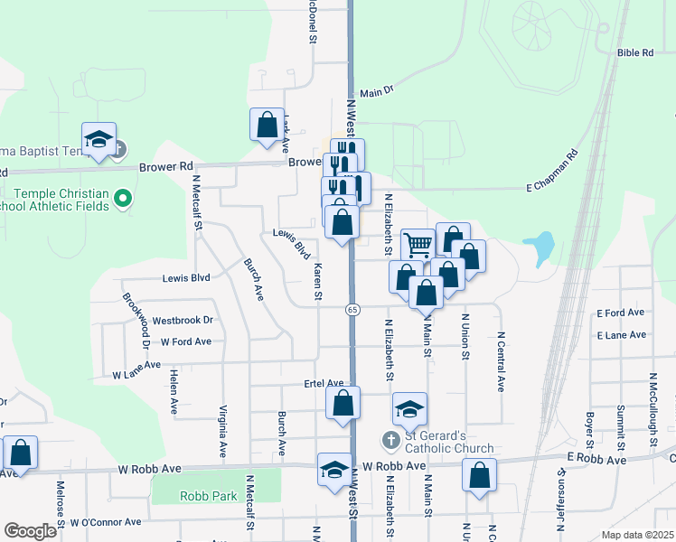 map of restaurants, bars, coffee shops, grocery stores, and more near 1616 Karen Street in Lima