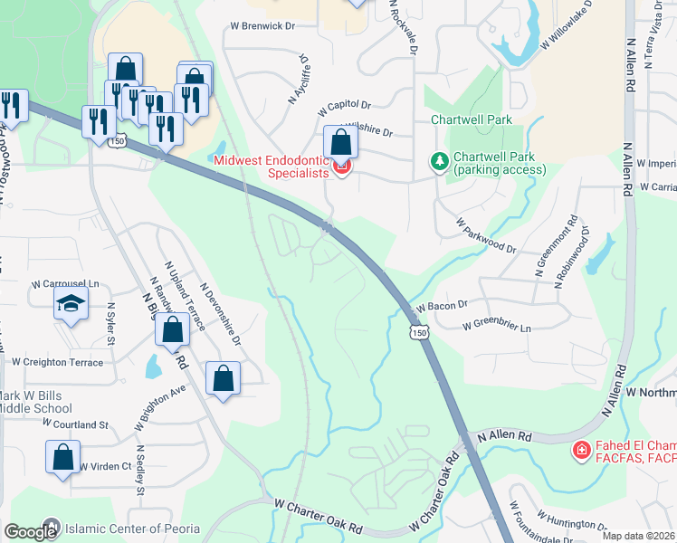 map of restaurants, bars, coffee shops, grocery stores, and more near in Peoria