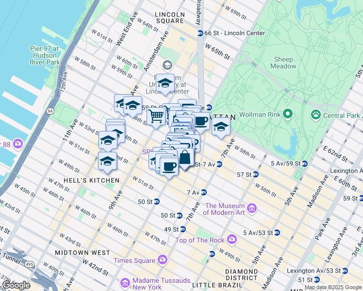 map of restaurants, bars, coffee shops, grocery stores, and more near 304 West 55th Street in New York