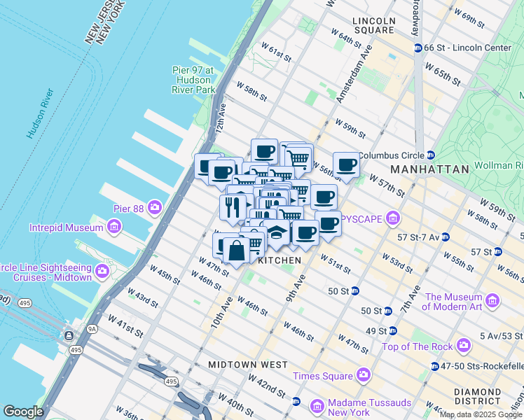 map of restaurants, bars, coffee shops, grocery stores, and more near 510 West 52nd Street in New York