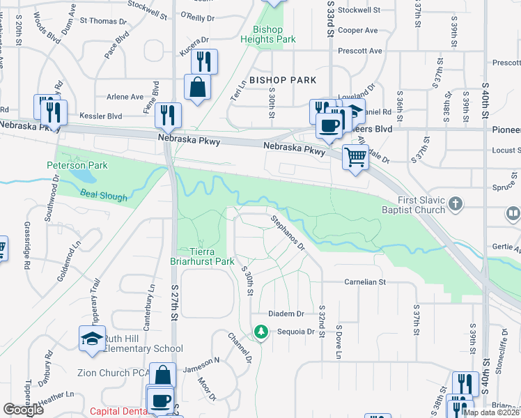 map of restaurants, bars, coffee shops, grocery stores, and more near 3065 Stephanos Drive in Lincoln