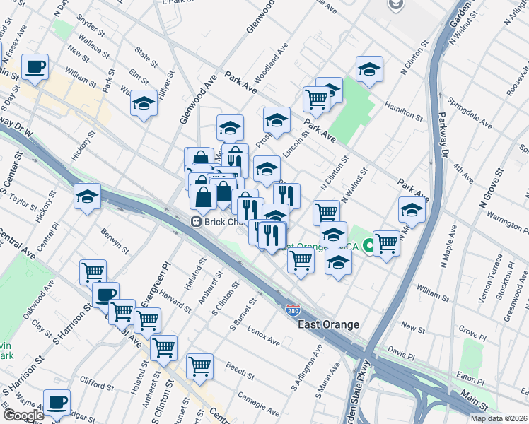 map of restaurants, bars, coffee shops, grocery stores, and more near 15 Ashland Avenue in East Orange