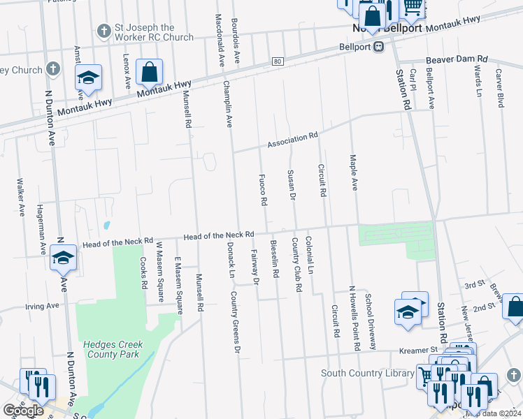 map of restaurants, bars, coffee shops, grocery stores, and more near 14 Fuoco Road in Bellport