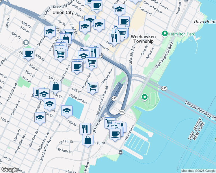 map of restaurants, bars, coffee shops, grocery stores, and more near 518 Gregory Avenue in Weehawken
