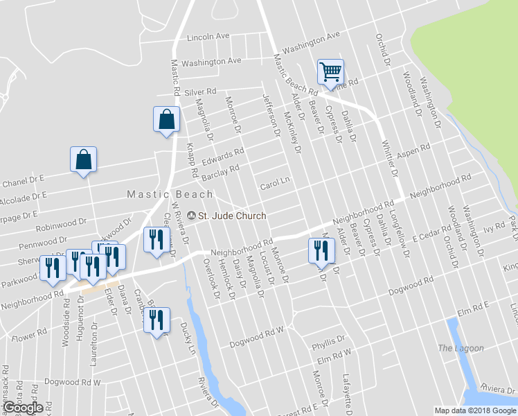 map of restaurants, bars, coffee shops, grocery stores, and more near 218 Monroe Drive in Mastic Beach