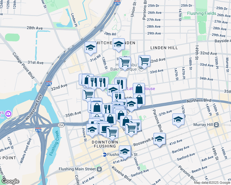 map of restaurants, bars, coffee shops, grocery stores, and more near 138-11 35th Avenue in Queens