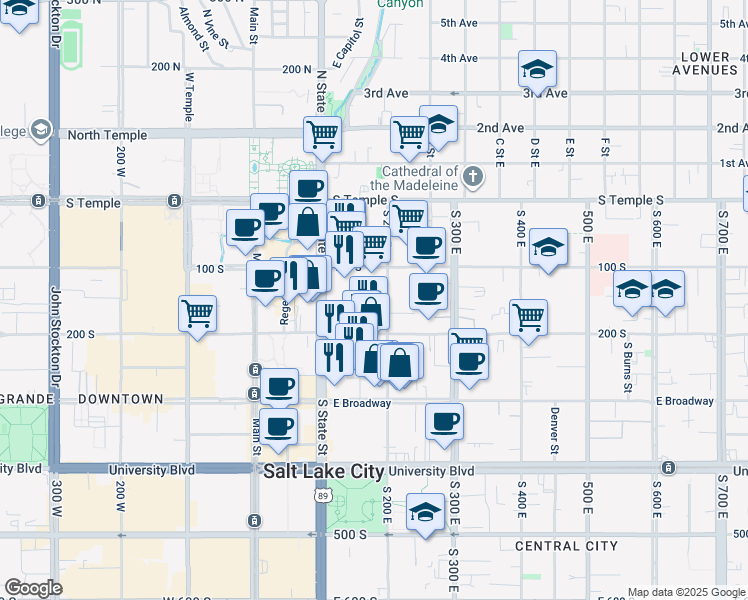 map of restaurants, bars, coffee shops, grocery stores, and more near in Salt Lake City