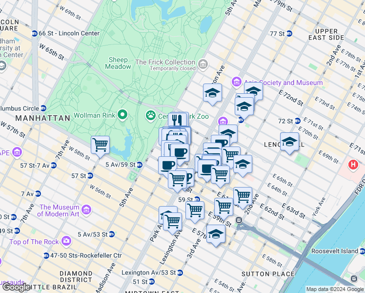 map of restaurants, bars, coffee shops, grocery stores, and more near 713 Madison Avenue in New York