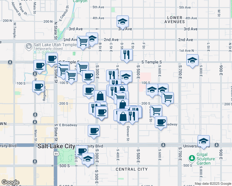 map of restaurants, bars, coffee shops, grocery stores, and more near 134 South 400 East in Salt Lake City