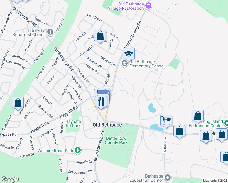 map of restaurants, bars, coffee shops, grocery stores, and more near 1093 Round Swamp Road in Old Bethpage