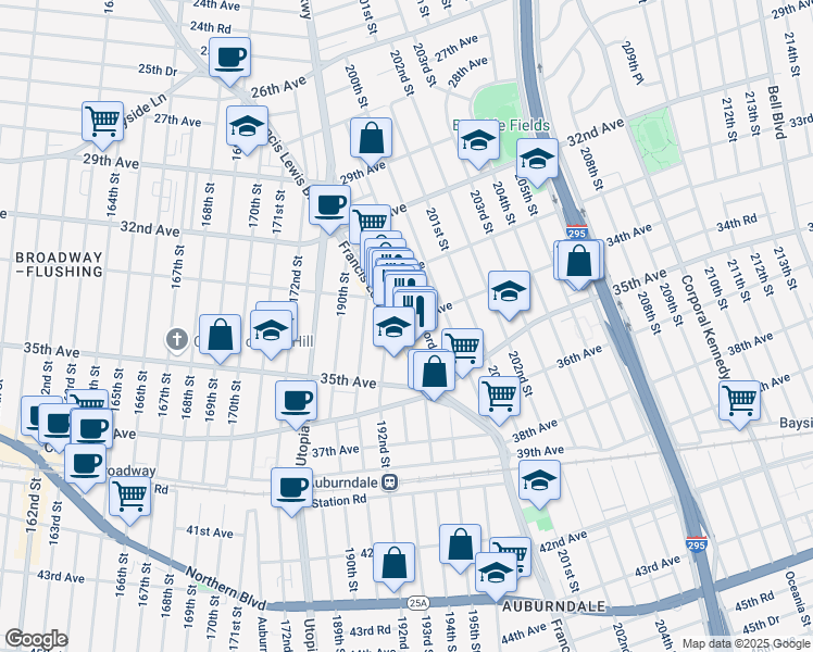 map of restaurants, bars, coffee shops, grocery stores, and more near 205-2 34th Avenue in Queens
