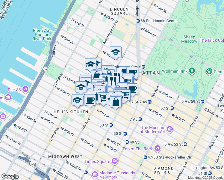 map of restaurants, bars, coffee shops, grocery stores, and more near 350 West 55th Street in New York