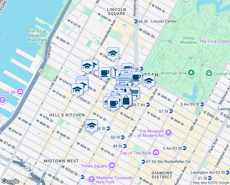 map of restaurants, bars, coffee shops, grocery stores, and more near 304 West 55th Street in New York