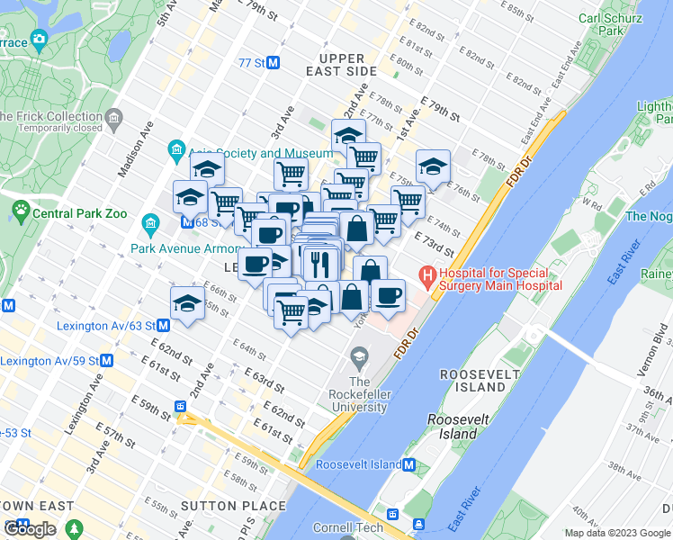 map of restaurants, bars, coffee shops, grocery stores, and more near 1274 1st Avenue in New York
