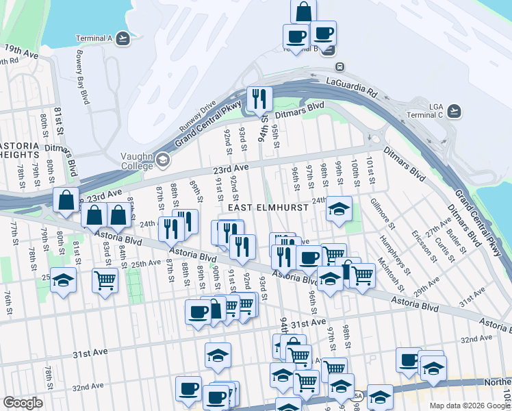 map of restaurants, bars, coffee shops, grocery stores, and more near in Queens