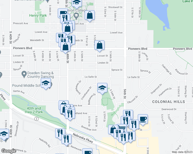 map of restaurants, bars, coffee shops, grocery stores, and more near 5201 La Salle Street in Lincoln