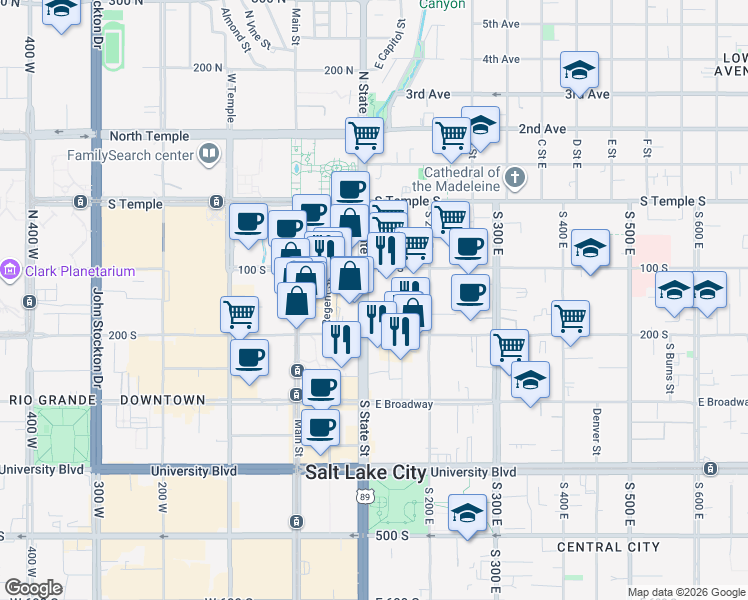 map of restaurants, bars, coffee shops, grocery stores, and more near 185 State Street in Salt Lake City