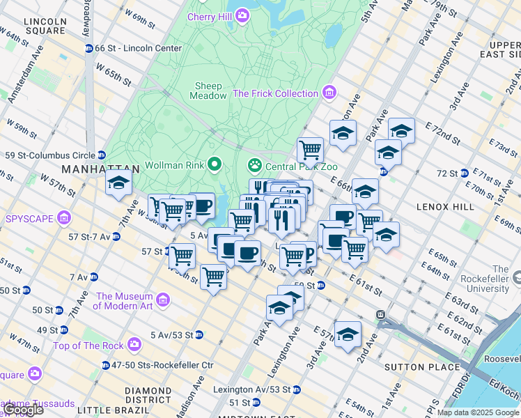 map of restaurants, bars, coffee shops, grocery stores, and more near 5th Ave & E 62nd St in New York