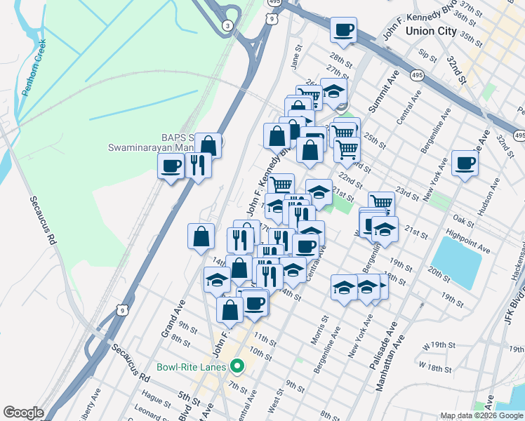 map of restaurants, bars, coffee shops, grocery stores, and more near 916 17th Street in Union City