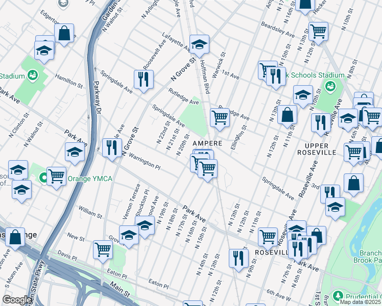 map of restaurants, bars, coffee shops, grocery stores, and more near 230 North 19th Street in East Orange