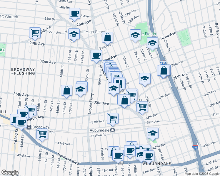 map of restaurants, bars, coffee shops, grocery stores, and more near 199- 2 34th Avenue in Queens