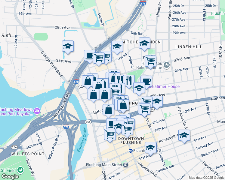 map of restaurants, bars, coffee shops, grocery stores, and more near 33-37 Prince Street in Queens