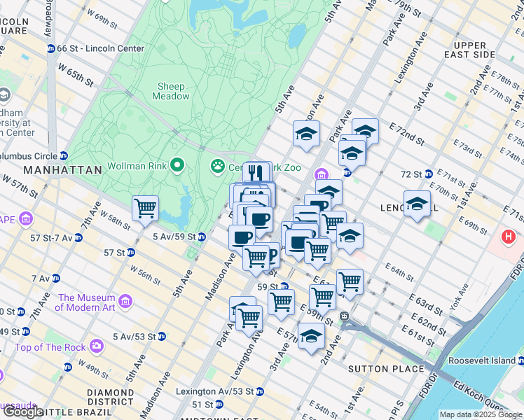 map of restaurants, bars, coffee shops, grocery stores, and more near 713 Madison Avenue in New York