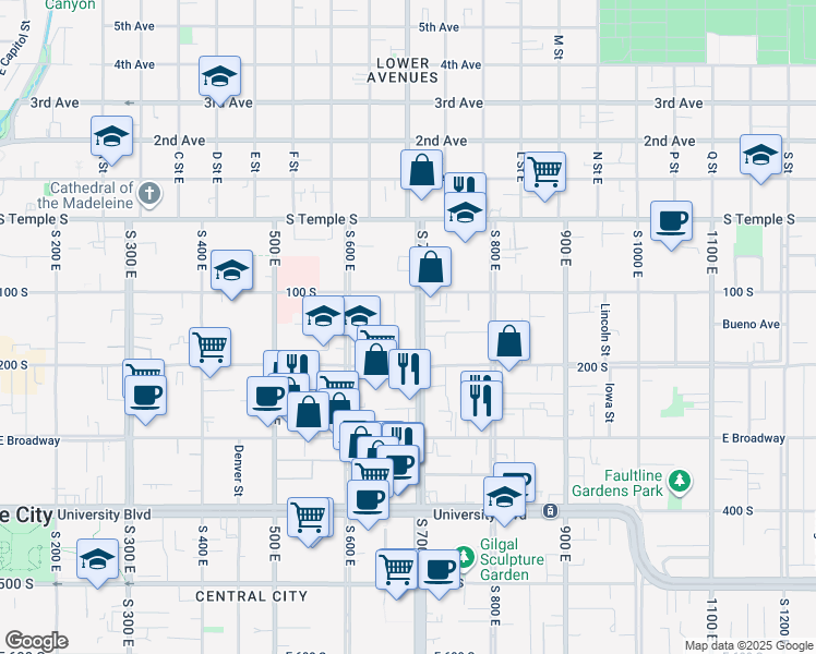 map of restaurants, bars, coffee shops, grocery stores, and more near 136 South 700 East in Salt Lake City