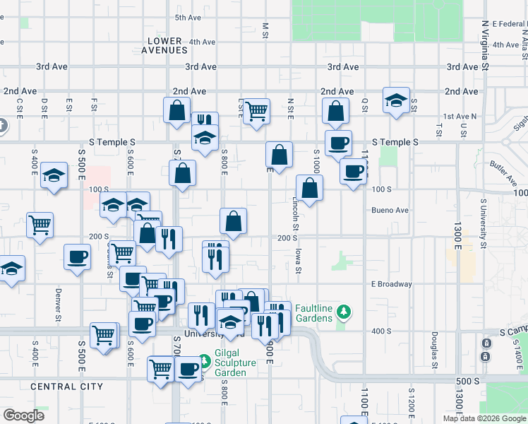 map of restaurants, bars, coffee shops, grocery stores, and more near 174 South 900 East in Salt Lake City