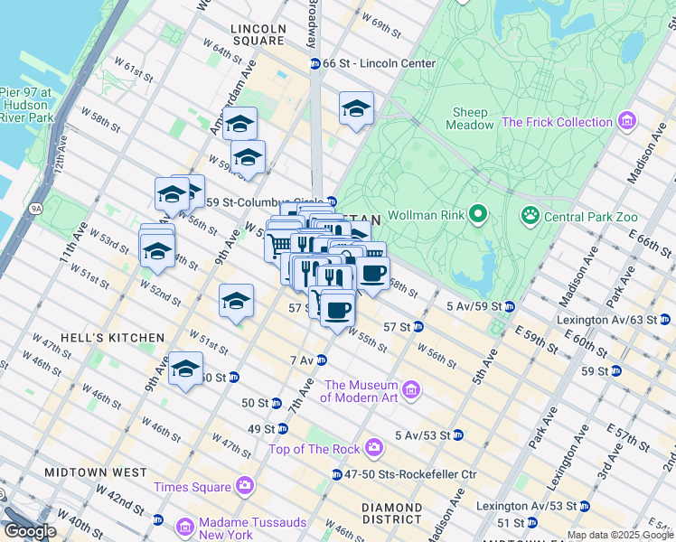 map of restaurants, bars, coffee shops, grocery stores, and more near 1752 Broadway in New York