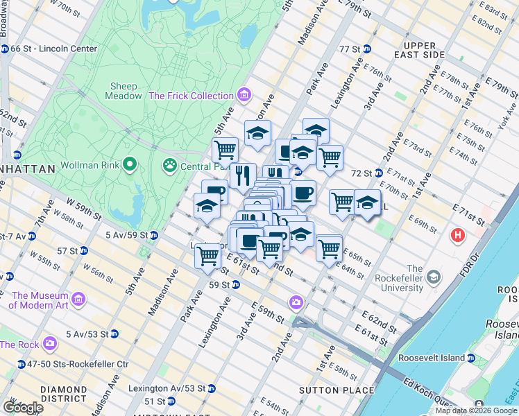 map of restaurants, bars, coffee shops, grocery stores, and more near 116 East 65th Street in New York