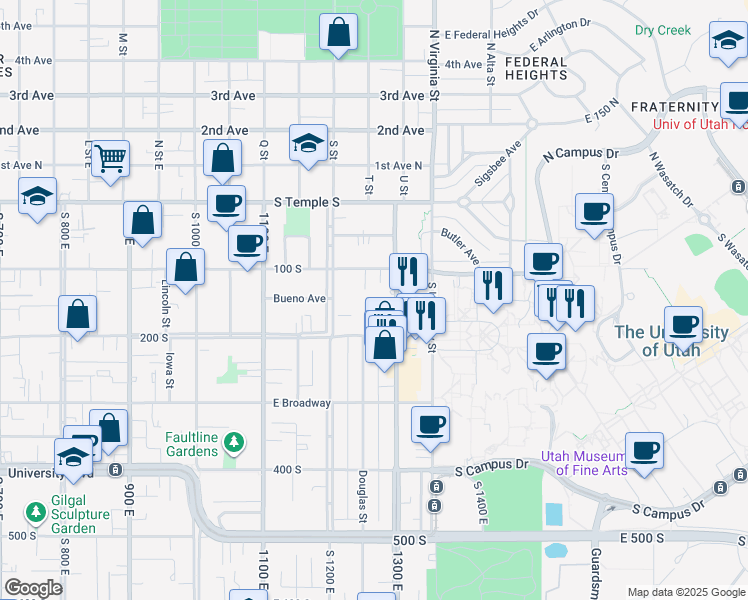 map of restaurants, bars, coffee shops, grocery stores, and more near 130 South 1300 East in Salt Lake City