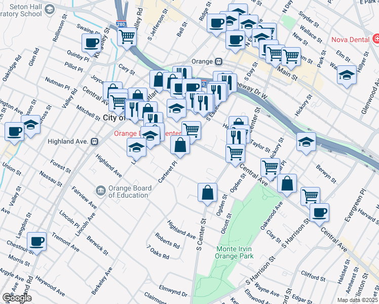 map of restaurants, bars, coffee shops, grocery stores, and more near 334 Central Avenue in City of Orange