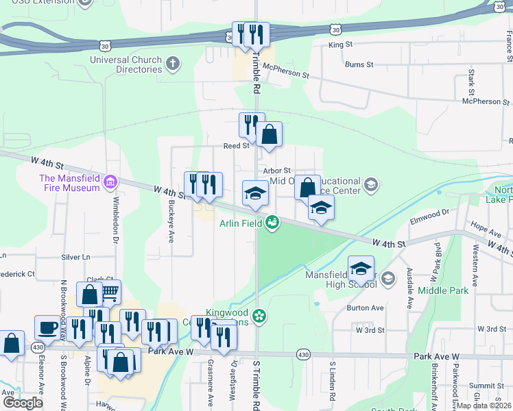 map of restaurants, bars, coffee shops, grocery stores, and more near 983-1037 West 4th Street in Mansfield