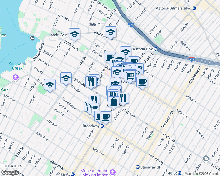 map of restaurants, bars, coffee shops, grocery stores, and more near 30-83 29th Street in Queens