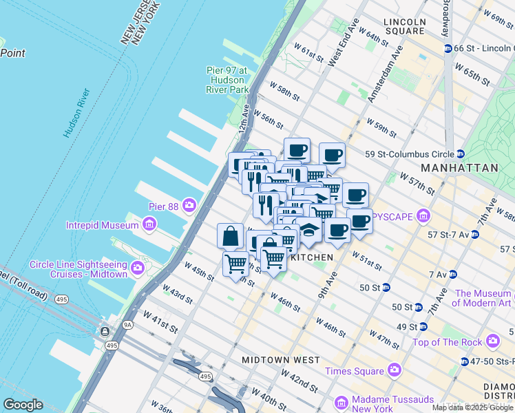 map of restaurants, bars, coffee shops, grocery stores, and more near 533 West 50th Street in New York