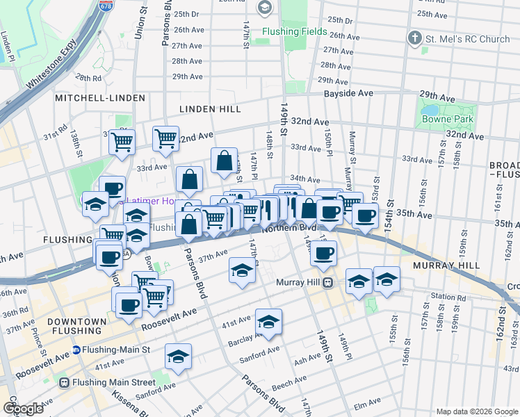 map of restaurants, bars, coffee shops, grocery stores, and more near 147-20 35th Avenue in Queens