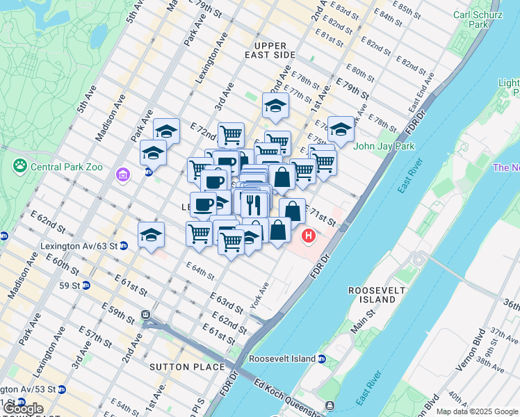 map of restaurants, bars, coffee shops, grocery stores, and more near 1290 1st Avenue in New York