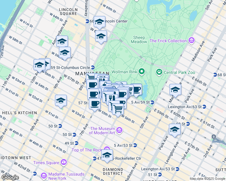 map of restaurants, bars, coffee shops, grocery stores, and more near 160 Central Park South in New York