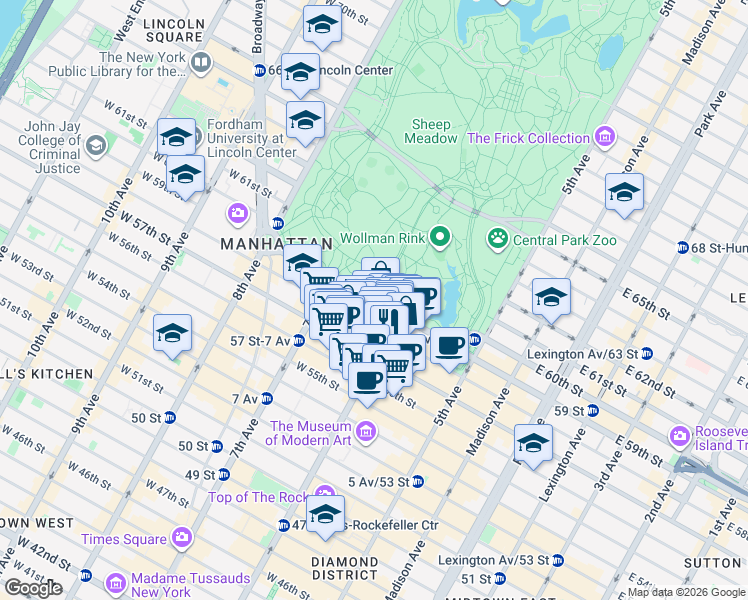 map of restaurants, bars, coffee shops, grocery stores, and more near Central Park South in New York